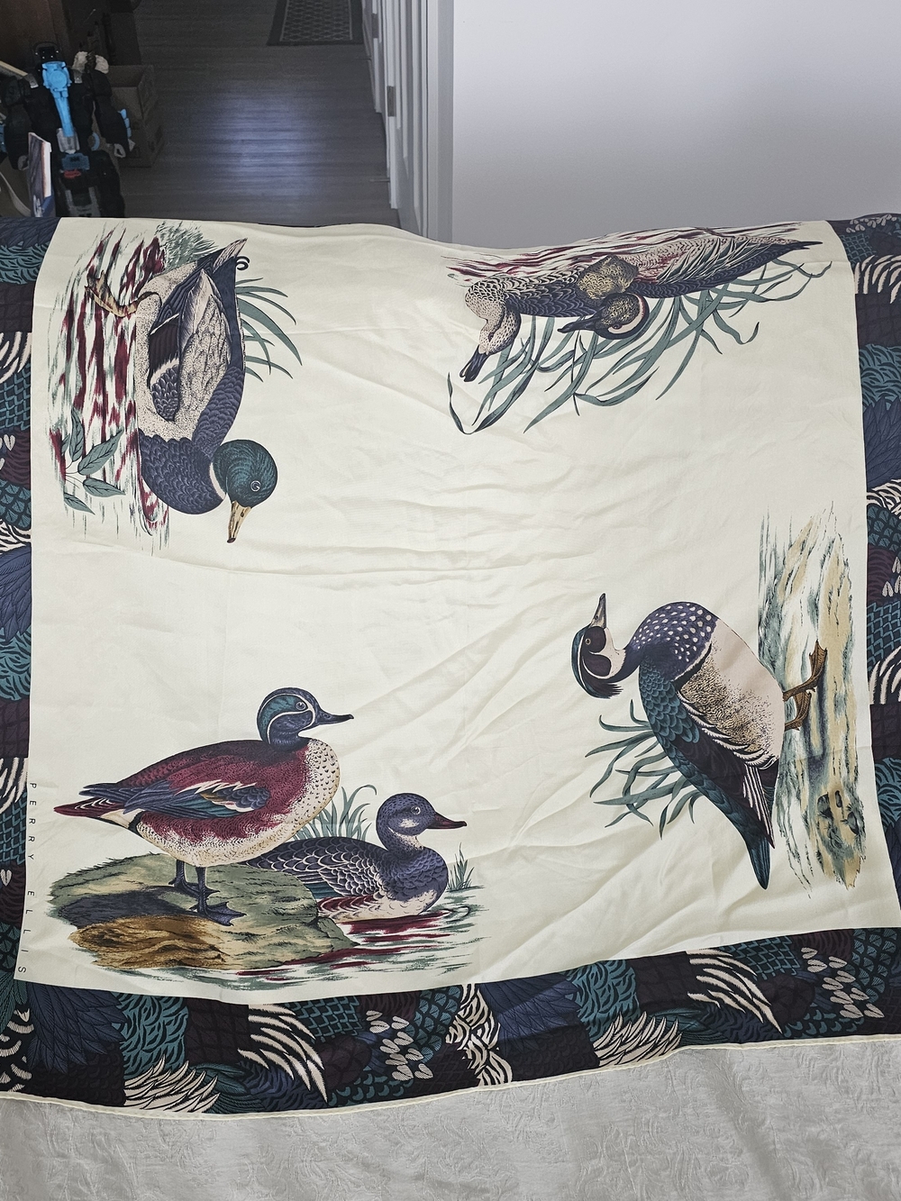 Vintage Perry Eliis Silk Duck Print Cream Scarf with Teal and Navy Accents